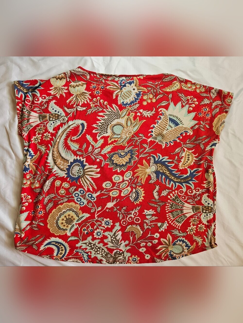 Chaps Denim Womens Red Paisley And Floral Short Sleeve Boxy Fit Top Size XL - Picture 14 of 15